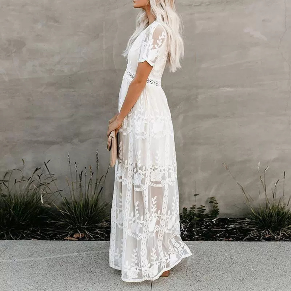 Spring Summer Lace Long Sleeve Solid Color Chiffon Collared Summer Dress